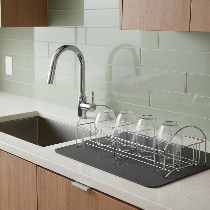 Clear acrylic glass holder with curved design on rubber tray