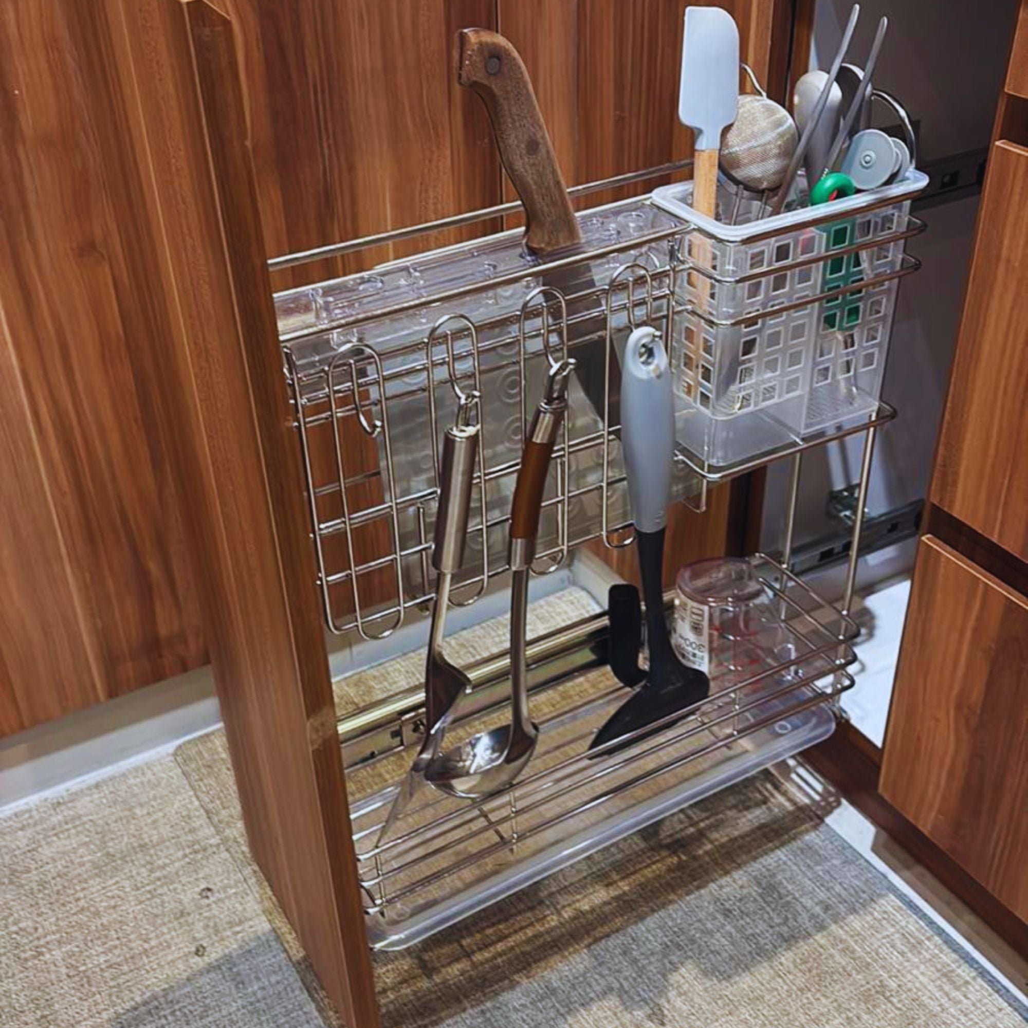 Cooking Utensils Pull out Rack– 2 Layer  Space Saving Holder