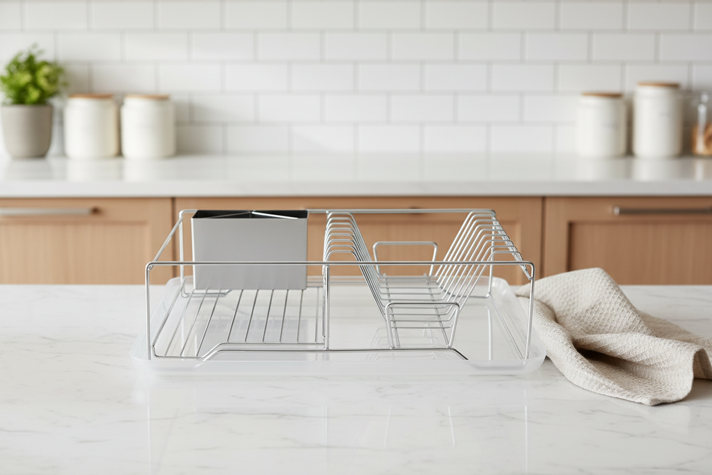 Dish rack in warm kitchen setting
