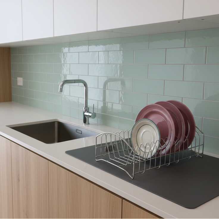 Dish rack with plates on rubber mat in kitchen