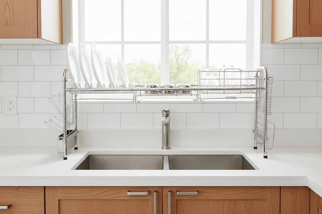 Over-the-sink dish rack with shorter faucet