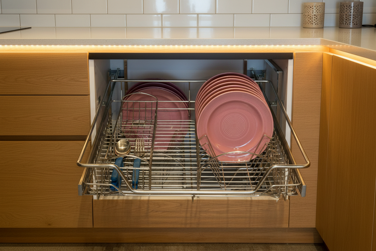 Pull-out wire basket under kitchen countertop with cabinet lights