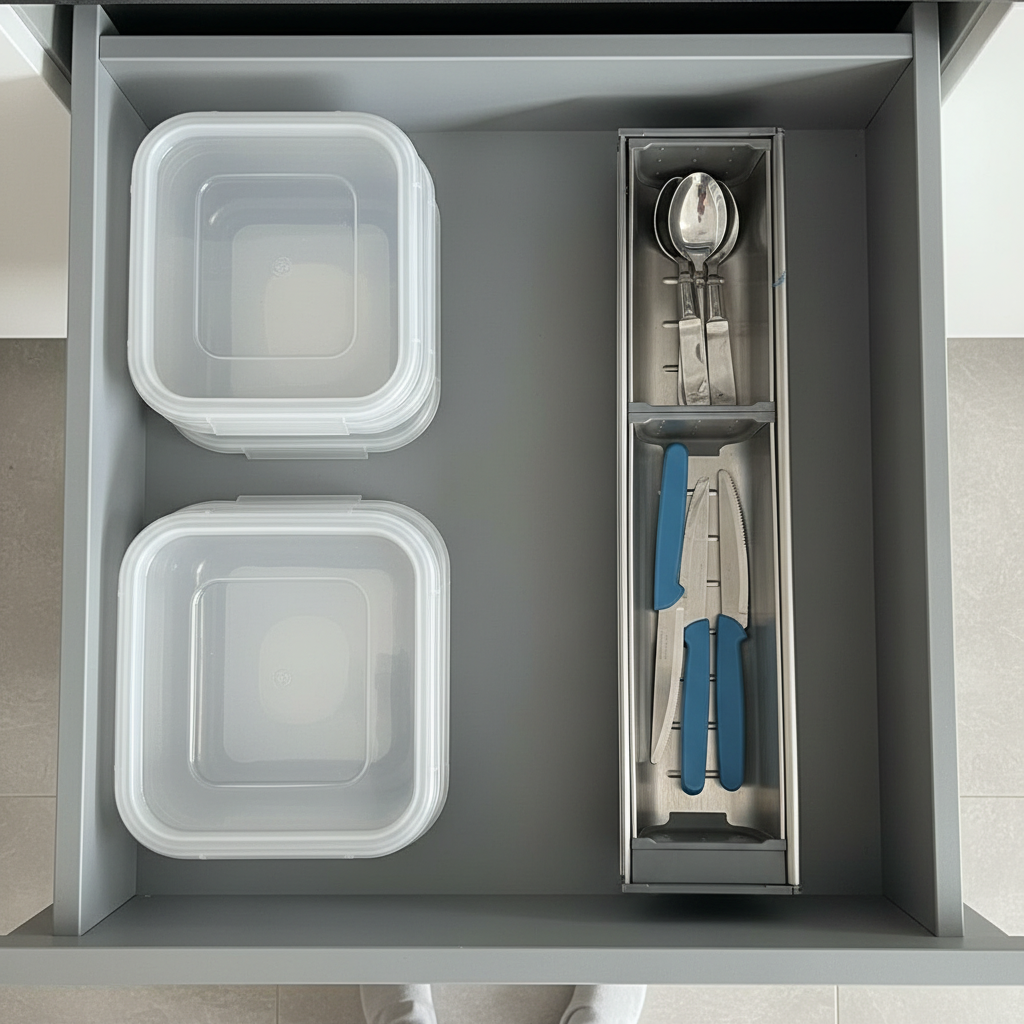 Square kitchen drawer with organizer and containers