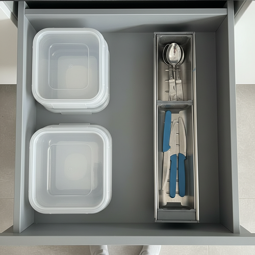 Square kitchen drawer with organizer and containers
