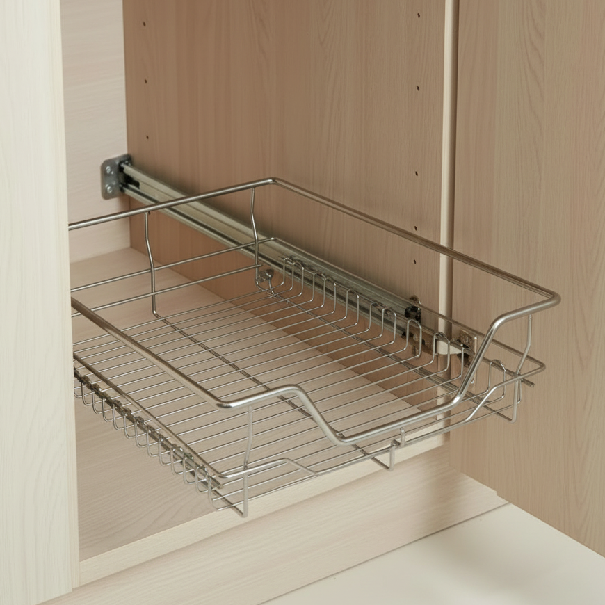 Stainless steel wire basket with horizontal base lines in cabinet