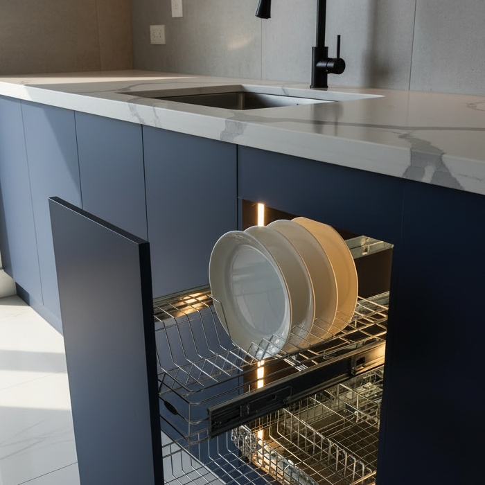 Ultra-modern luxury kitchen with pull-out wire baskets