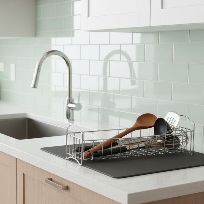 Utensil holder on rubber mat in kitchen