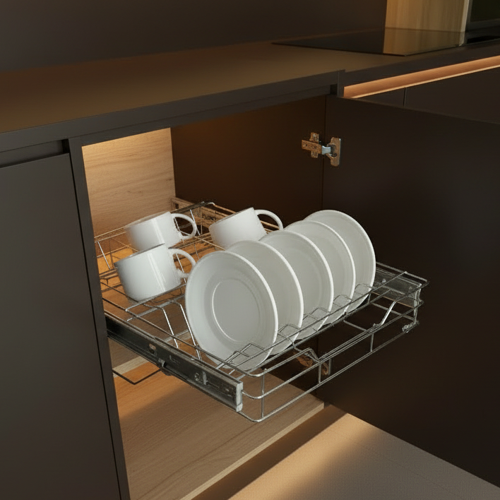 Wire basket inside cabinet
