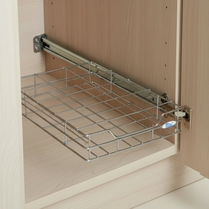 Wire basket installed in kitchen cabinet