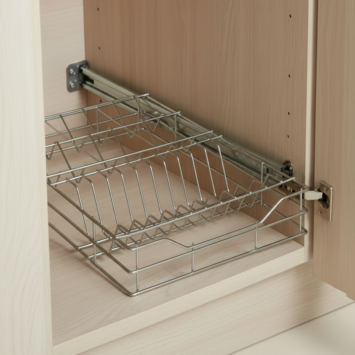 Wire dish rack basket installed in kitchen cabinet